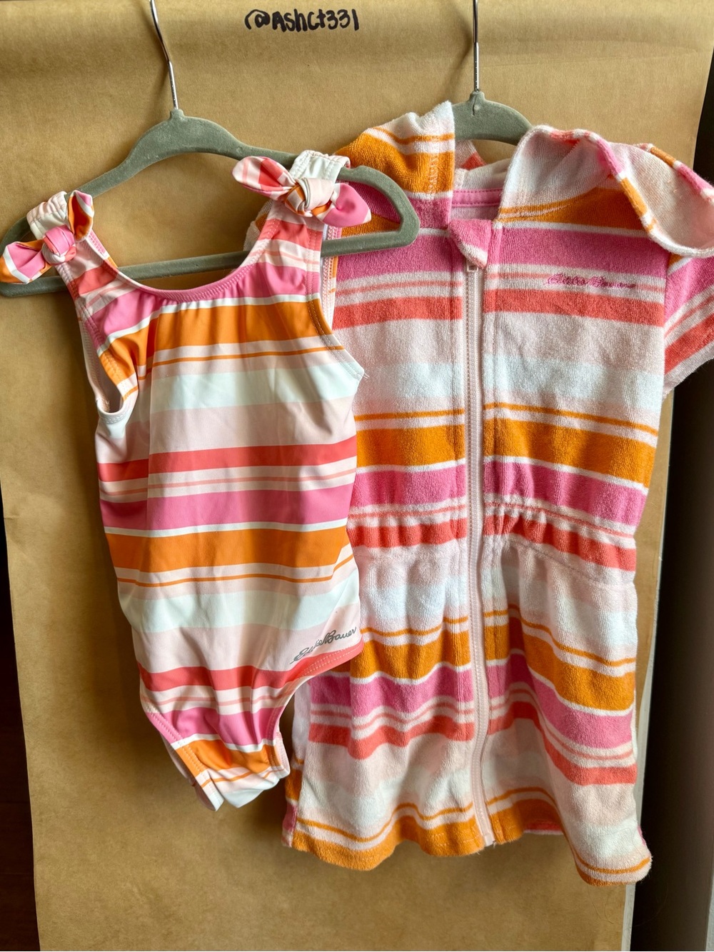 Eddie Bauer White, Orange, Pink Little Girls Swimsuit and Terry Cloth Coverup